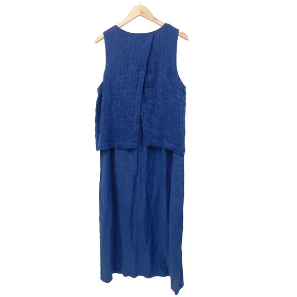 Pure Jill J Jill Blue Linen Layered Maxi Dress Womens Large Sleeveless Lagenlook - Picture 2 of 5